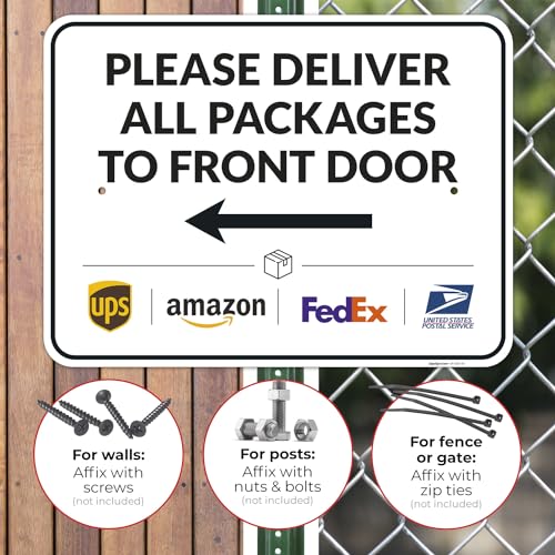 Image of Package Delivery Sign, Delivery Instructions Deliver All Package to Front Door Left Arrow Sign, 18x24 Inches, Rust Free .063 Aluminum, Fade Resistant, Made in USA by Sigo Signs