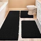 ACCUMTEK Upgrade Extra Large Black Bathroom Rug Set 3 Pieces Ultra Soft, Thick Absorbent Bath Mats, Non Slip Chenille Toilet Mat for Bathroom, Bedroom, Kitchen