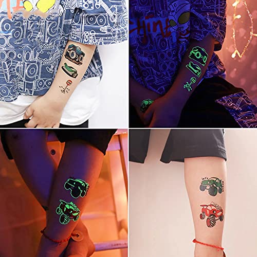 6 Sheets Car Temporary Tattoos For Kids Boys Glow Race Car Body Stickers Waterproof Tattoo Stickers Luminous Vehicle Cute Tattoo Sticker Gifts Birthday Party Supplies Favors Bag Filler Decorations #TOP5
