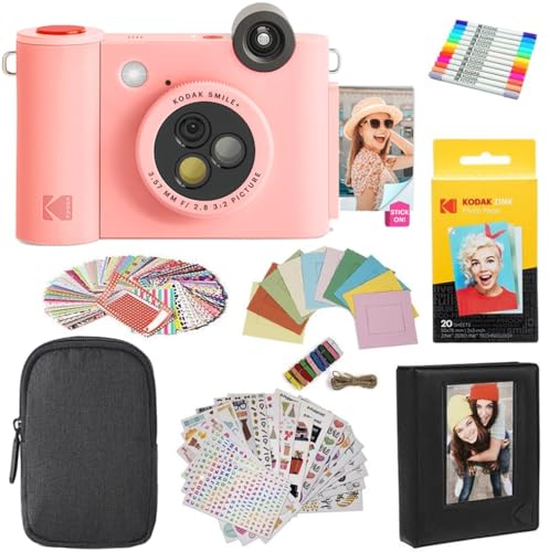 Image of Kodak Smile+ 2-in-1 Digital Instant Print Camera & Photo Printer Gift Bundle + Case + Zink 2x3 Sticky Back Photo Paper 20pk + Album + Sticker Sets + Sticker Frames + Hanging Frames + Markers - Pink