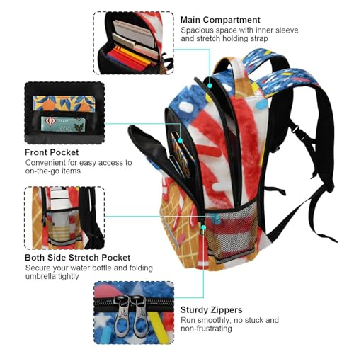 Image of American Flag Ice Cream Backpacks with Chest Strap,Lightweight Bookbags 17 Inch, Casual Daypack Bags