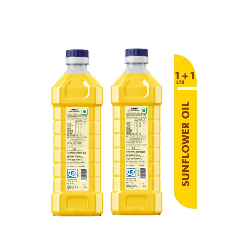 Image of Sano Sunflower Oil 1 Ltr Pet Bottle - Pure, Nutrient-rich Cooking Oil With High Smoke Point - Ideal For Frying, Sauteing, And Baking - Pack Of 2 Bottles.
