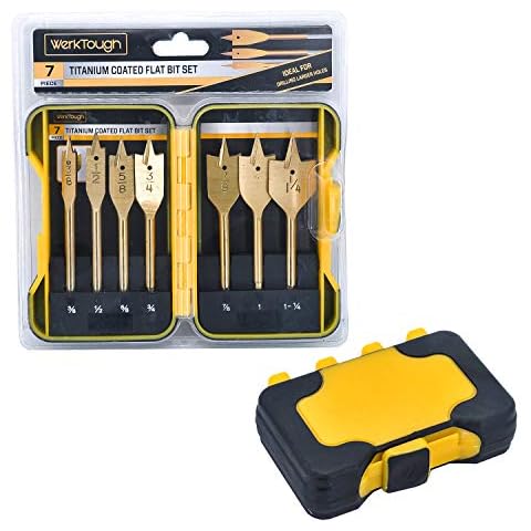 Werktough 7Pcs Wood Flat Drill Bit Set Spade Drill Bit Set Spade Wood Drill Titanium Plated in Hard Plastic Case Cover