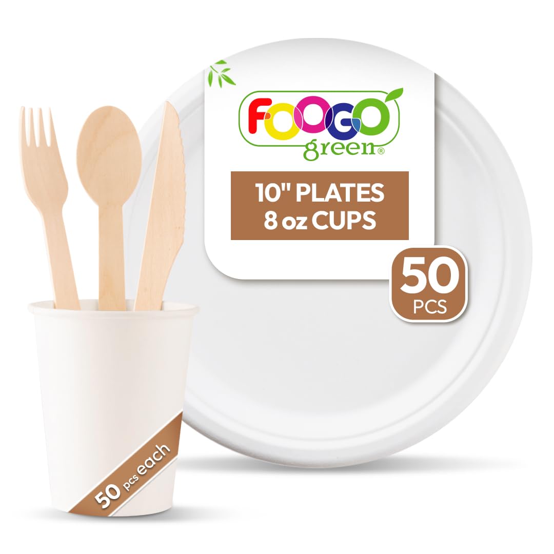 FOOGO Green 250pcs Disposable Sugarcane Fibre Strong Paper Plates, Round