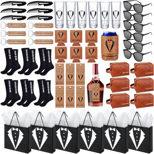 60Pcs Groomsmen Gifts Groomsmen Proposal Box with Shot Glasses Socks Sunglasses PU Leather Toiletry Bag Bottle Opener Can Cooler Groomsman Gifts for Wedding Groomsmen Best Man Gift (60, Brown)