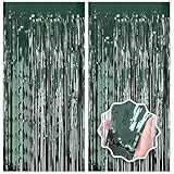 Dark Green Party Birthday Decorations Door Streamers Fringe Tinsel Foil Curtain, 2 Pack 3.3x8.2ft Dark Green Backdrop for Birthday Jungle Party Dinosaur Animal St Patrick's Day Christmas Decorations