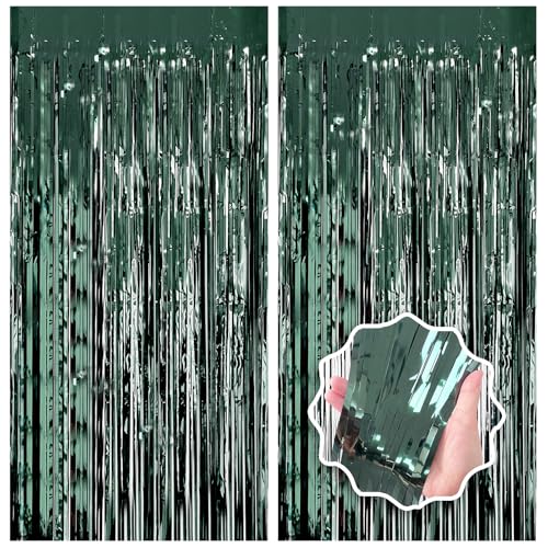 Dark Green Party Birthday Decorations Door Streamers Fringe Tinsel Foil Curtain 2 Pack 3.3x8.2ft Dark Green Backdrop for Birthday Jungle Party Dinosaur Animal St Patricks Day Christmas Decorations