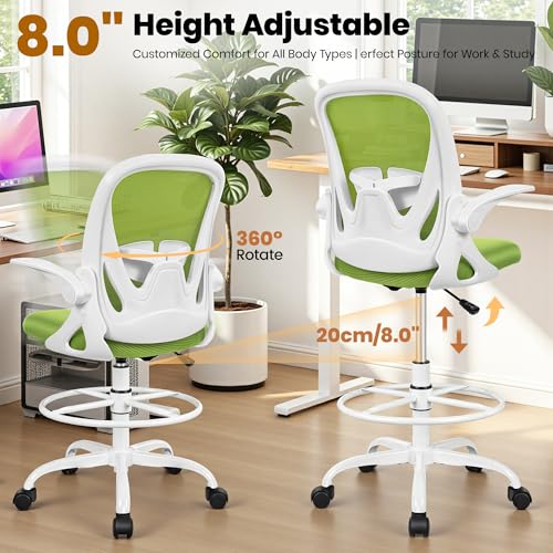 Image of Primy Drafting Chair Tall Office Chair with Flip-up Armrests Executive Ergonomic Computer Standing Desk Chair with Lumbar Support and Adjustable Footrest Ring (Green)