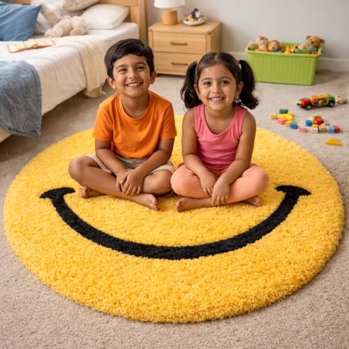 Image of Xenluxe Ultra Soft Plush Shaggy Polyester Round Area Rug for Kids Playroom Nursery Bedroom and Safe Indoor Play Spaces - (Yellow Smile, Round, 5x5 feet)