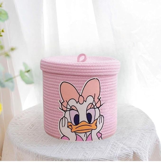 Image of Jute Basket For Storage Cotton Rope Toys Basket With Lid Handwoven Natural Foldable Laundry Hamper for Home, Office, Living Room Size 10x10 inch (PINK -BASKET)