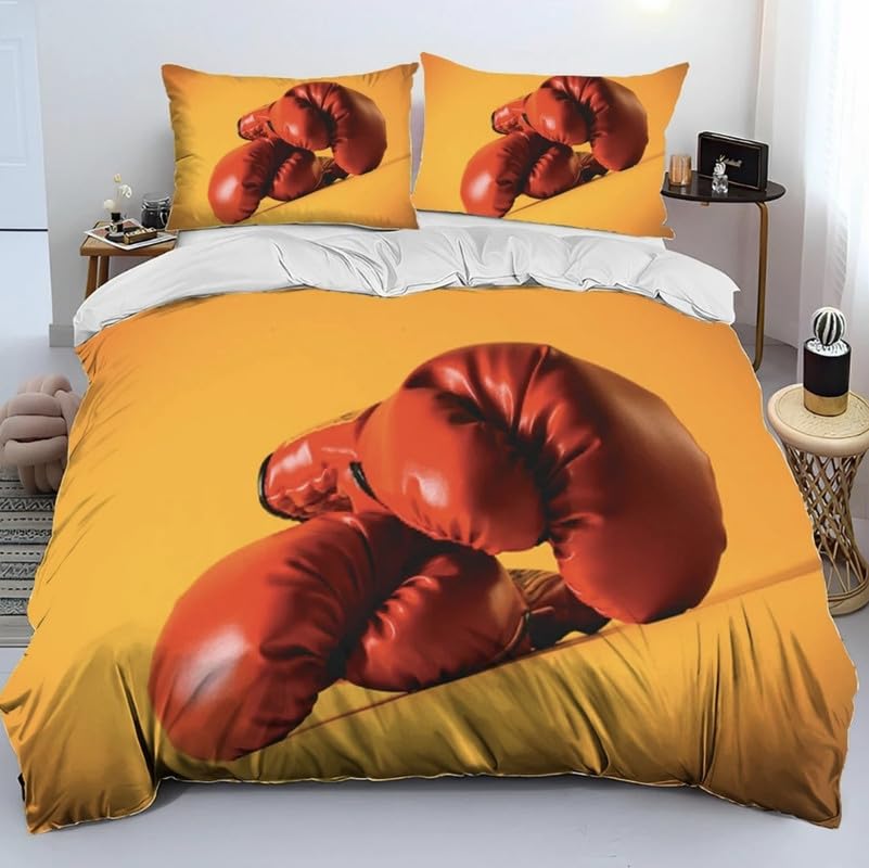 Housse de couette 140x200 gants de boxe orange parure de lit 3D microfibre avec 2 taies 65x65
