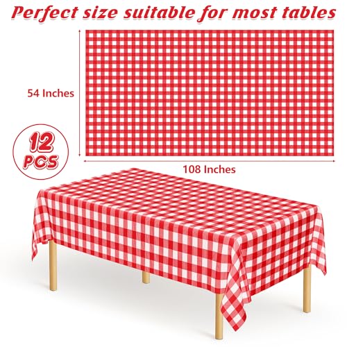 Image of 12Pack 54 inch x 108 inch Table Cloth Rectangle Table, Waterproof Plastic Table Cloth Ddisposable, Red and White Checkered Tablecloth Table Cover for Outdoor Picnic Birthday Party Gathering BBQ Holiday Dinner