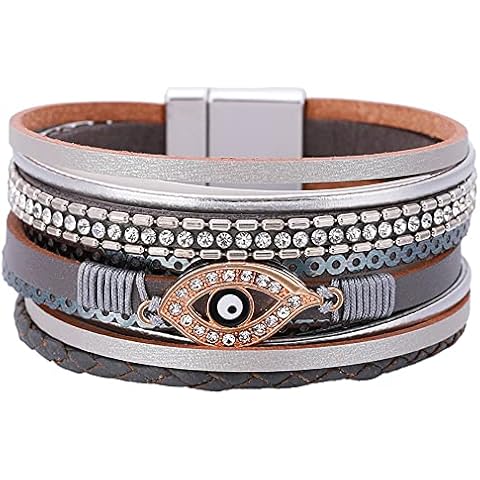 KSQS Gold Evil Eye Leather Cuff Bracelet for Women, Bohemian Wide Wrap Bangle Multilayer Thick Leather Bracelets with Magnetic Buckle(#4) Cover