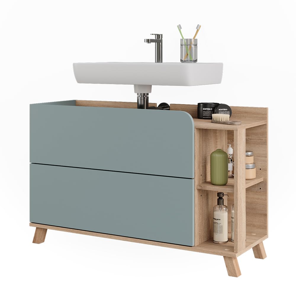 Vicco Mobiletto per lavabo Karen, Sonoma/blu, 100 x 65 cm con 2 cassetti, per montaggio sotto il lavabo con apertura per sifone