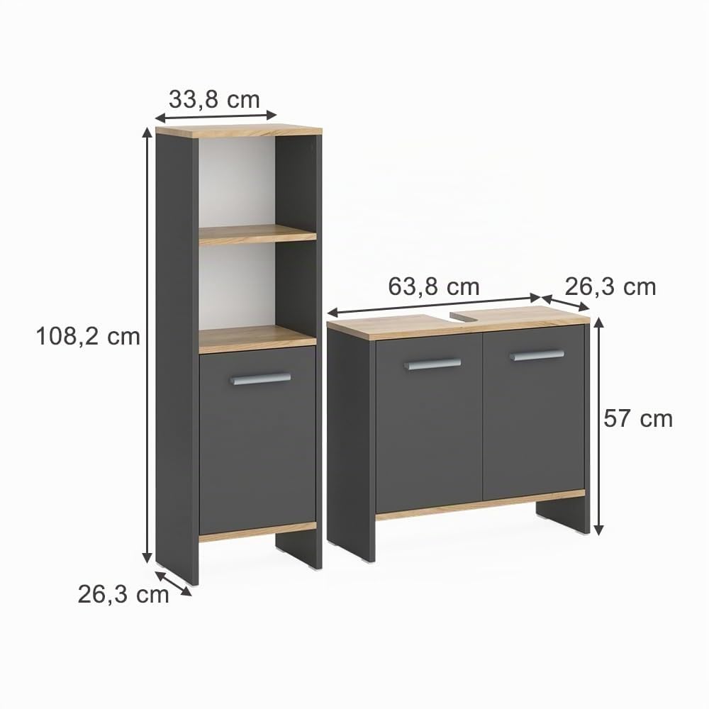 Vicco Conjunto de Muebles de baño Karli, Antracita/Roble Dorado, 63.8 cm, Compuesto por Mueble bajo para Lavabo y Columna de baño