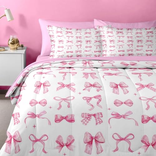 Image of Nesker Bow Comforter Set Twin Size, 5 Pieces Bed in a Bag, Pink Bow Bedding Set for Girls, Ribbon Bowknot Comforter Set with 1 Pillowcase & 1 Sham