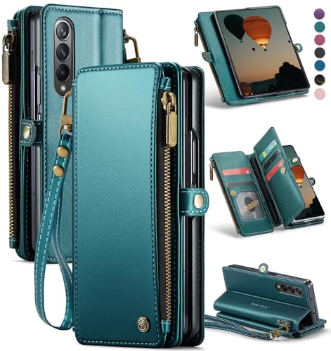 Defencase Wallet Case Compatible with Samsung Galaxy Z Fold 4 with RFID Blocking Card Holder & S Pen Holder PU Leather Magnetic Snap Flip Zipper Strap Phone Case Fit for Galaxy Z Fold 4 Blue Green