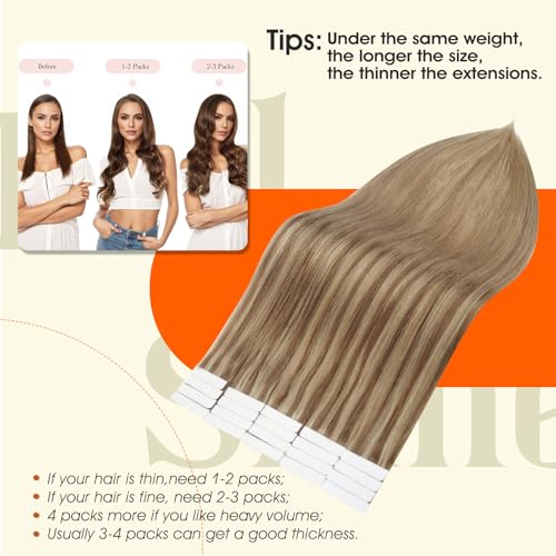 Image of Full Shine Remy Tape in Human Hair Extensions 18Inch Double Sided Tape in Extensions Color 10 /16 /16 Balayage Seamless Skin Weft Long Hair 50Gram 20Pcs for Wedding Add Length Straight