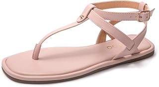 Colgo Thong Flat Sandals, Casual Women T-Strap Dress Sandals with Adjustable Ankle Buckle for Summer Wedding
