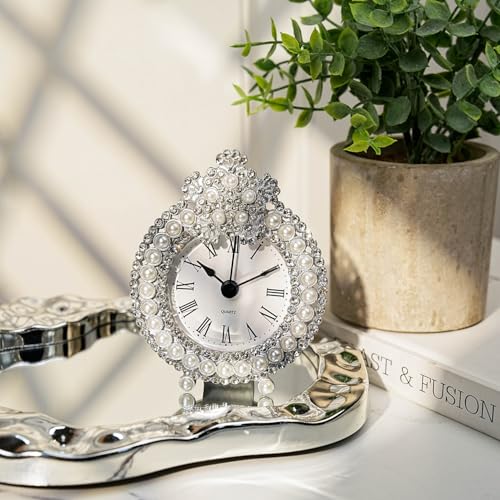 Small Tabletop Clock, Battery Operated Metal Clock with Rhinestone for Bedside, Table, Living Room, Home & Office, Quartz Analog Movement - Image 5