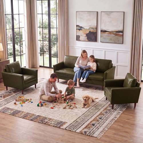 Image of Kingfun 3 Piece Living Room Furniture Sets, 3 Seater Couch and 2 Armchair, Faux Leather Couch Set, Mid Century Modern Sofa Set with Solid Wood Frame for Living Room, Office, Olive Green