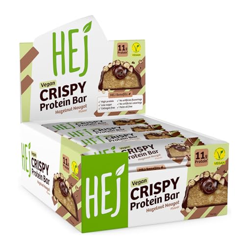 HEJ Vegan Crispy Protein-Riegel - Zuckerarmer High-Protein-Snack mit 11g Eiweiß - Ohne Künstliche Aromen, Sucralose & Soja - Hazelnut Nougat 12 x 45g