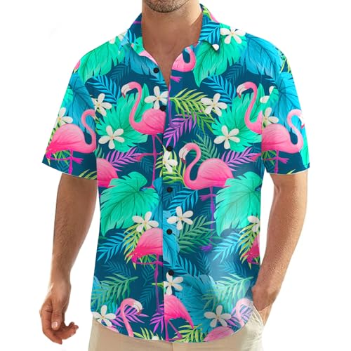 Nidoul Men's Hawaiian Shirts Flamingo Floral Button Down Tropical Holiday Beach Shirts Short Sleeve Casual Vacation