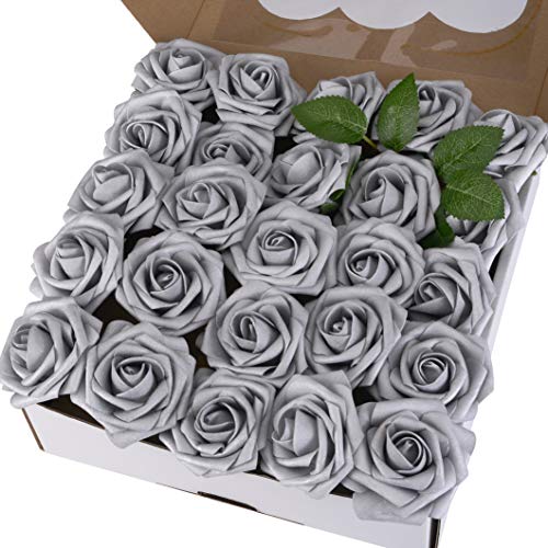 Breeze Talk Artificial Flowers 25pcs Silver Roses Realistic Fake Roses w/Stem for DIY Wedding Bouquets Centerpieces Arrangements Party Baby Shower Home Decorations