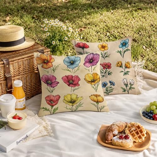 Coussin extérieur imperméable 55x55 beige lin fleur déco lit canapé - 4