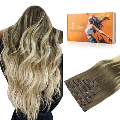 Image of DOORES Human Hair Clip in Extensions - Ash Brown to Platinum Blonde, 14 Inch, 130g, 9pcs - Seamless, Natural, Straight, Invisi Edge, Thick