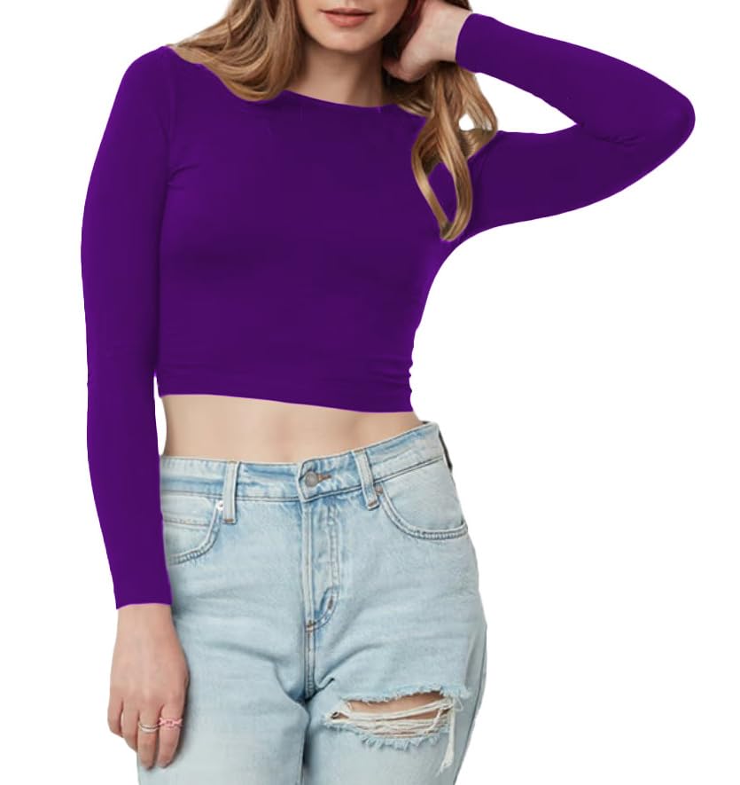 the blazze Women's Cotton Boat Neck Full Sleeve Solid Casual Wear Black Crop Top for Women L357 1138 (2XL, VLT)-picture-27