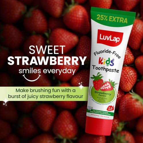 Image of LuvLap Baby Toothpaste for Kids 80gm + 25% Extra, Strawberry Flavour with Free Toothbrush, SLS & Fluoride Free Baby Toothpaste, Prevents Bacteria & Cavities, Ensures Healthy Teeth & Gums, 12M+