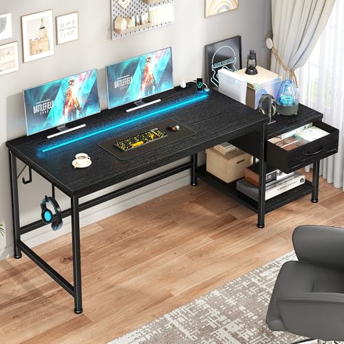 DurayLoly Gaming Desk with LED Lights and Power Outlets,56 Inch