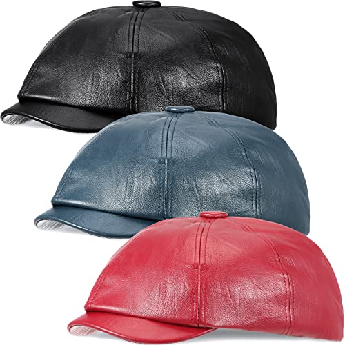 PU Leather Ivy Cap Adjustable Newsboy Hat 3 Pieces Vintage Leather Hats for Men Newsboy Hats for Women Men's Newsboy Caps (Black, Blue, Red)