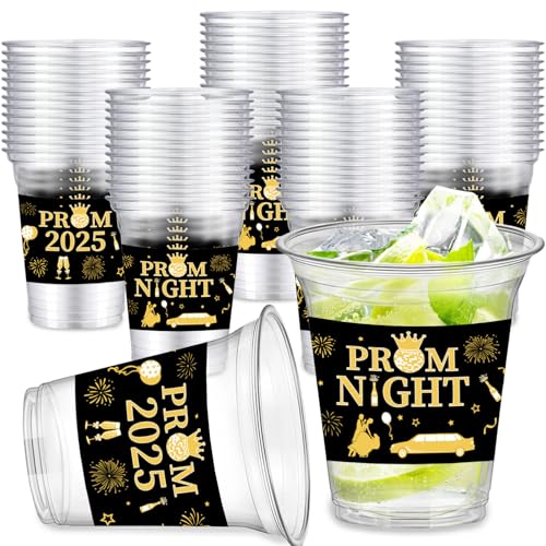 HABDJILTY 50Pcs 2025 Graduation Prom Cups 12oz Disposable PET Black and Gold Plastic Drinking Cups Bulk for Graduation Prom Night Party Supplies