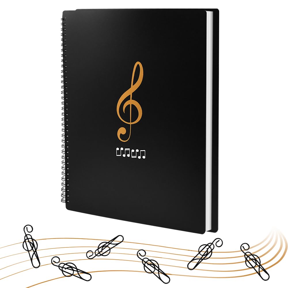 A4 Carpeta para Partituras de Piano y Guitarra 50 Fundas/100 Páginas Carpeta de Archivos de Música Carpetas de Plástico con Pestañas para Casa o Conservatorio + 10 Pinzas con Forma De Nota Musical