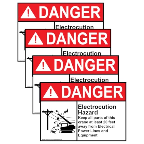 ComplianceSigns.com Danger Electrocution Hazard Crane ANSI Label Decal, 5x3.5 inch 4-Pack Vinyl for Worksite Pipeline/Utility