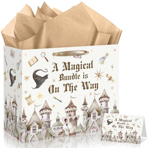 Magical Wizard Baby Shower Birthday Gift Bag for Baby Girls A Magical Bundle is On The Way Bag with Wrapping Paper Card Large Castle Witch Gift Bag for Halloween Baby Shower Birthday Party Supplies