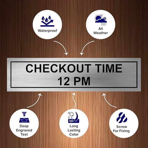 Image of Check Out Time Sign Board for Office, Mall, Restaurant, Hotel, Hospital, Laboratory, Clinic, School, Shop, Door Durable & Easy to Read Wall Signage (Stainless Steel 12x3 inch)