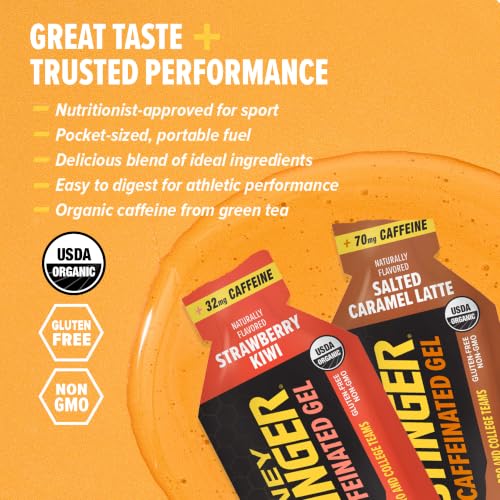 Image of Honey Stinger Caffeinated Organic Energy Gel Variety Pack of 24, 12 Packs Each of Salted Caramel Latte & Strawberry Kiwi, Caffeinated & Gluten Free, for All Exercises, Sports Nutrition for Home & Gym