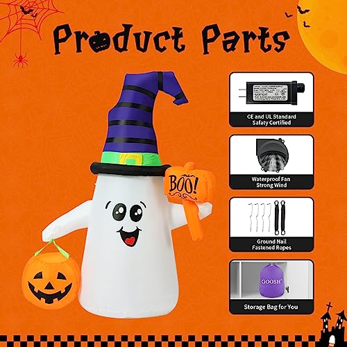 Image of GOOSH 5 FT Halloween Inflatables Ghost + 4 FT Zombie Baby, Outdoor Decorations Blow Up Yard Cute Wizard Ghost with Pumpkin with Built-in LEDs for Garden Lawn Indoor Party Holiday Decor