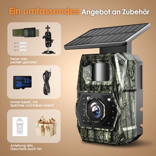 Wildkamera WLAN mit Handyübertragung App, 4K 64MPWildkamera Solar mit Akku 5200mAh Wildtierkamera mit Bewegungsmelder Nachtsicht 0,1s Auslösezeit Wildtierkamera Bluetooth Nachtsichtkamera, IP66