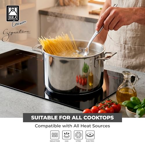 Image of BRA COOKWARE Signature Stainless Steel Stock Pot w /Glass Lid | 9.5 Inch 9 Quart Professional Grade Cooking Pot | PFOA Free Deep Pot | All Cooktops | All Cooktops (incl. Induction) & Oven Safe