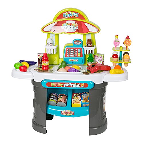 COLOR TREE Kids Play Grocery Store Mart Cashier Play Set - Supermarket Play Pretend Grocery Shopping Register Counter Stand for Toddlers Includes Play Food, Canned Goods, Toy Scanner, and Play Money