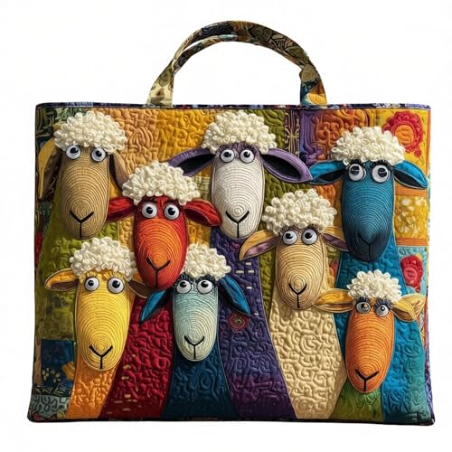 Aodejoy Tragetasche mit Schaf, Handgefertigt Schaf Tasche Lustige Schafmotiv Stickerei Gesteppte Einkaufstasche fur Tierliebhaber, Gepolstertem Griff (#3)