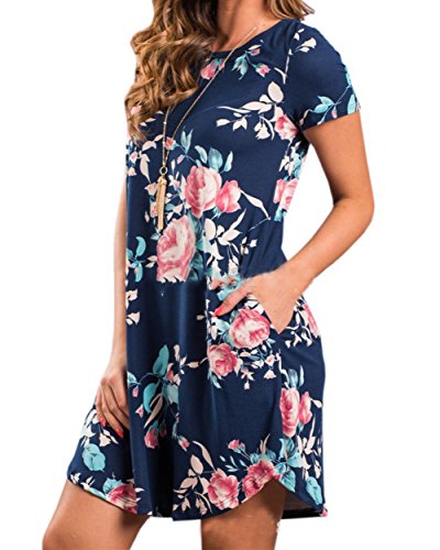 Vestido feminino floral de manga curta com bolsos, casual, solto, camiseta, vestido de verão
