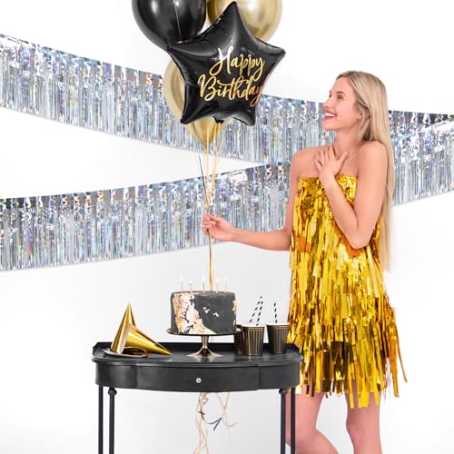 Image of 5 Pack 10 Feet Silver Fringe Garland Foil Fringe Garland Metallic Tinsel Streamers Fringe Backdrop Banner for Parade Floats Birthday Party Decorations Halloween Christmas Decor