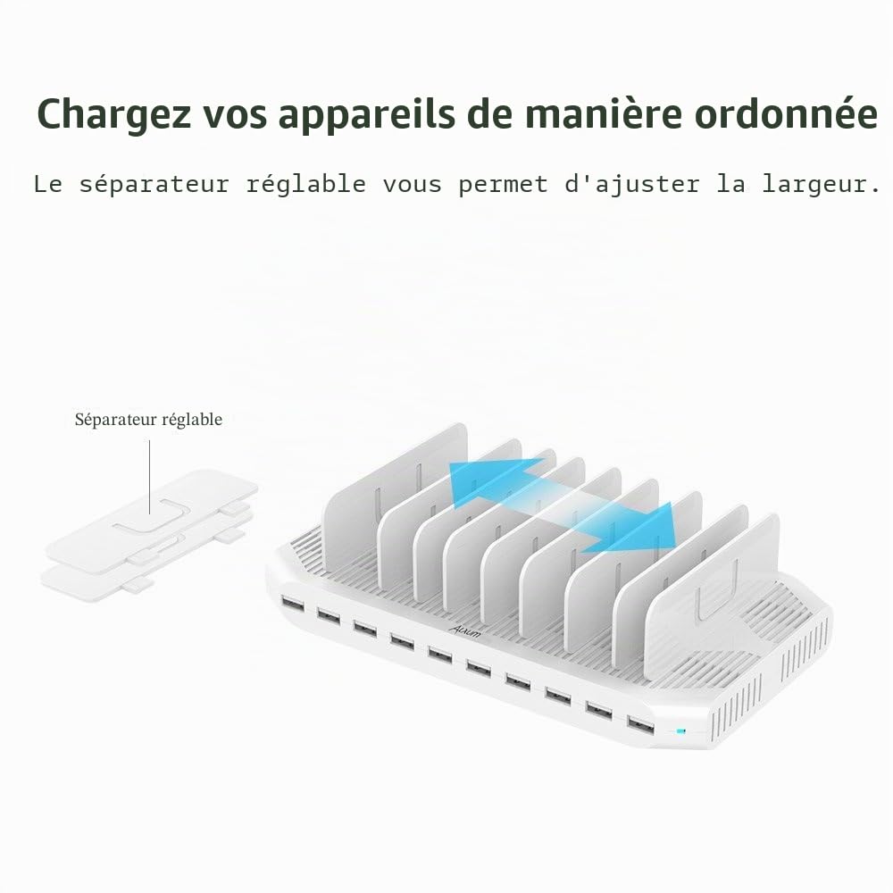 Alxum 96W 10 Ports Chargeur USB Multi-périphérique avec Supports réglables | Charge intelligente. 11 supports réglables. Téléphones & tablettes. Protection intégrée. Idéal maison & bureau.