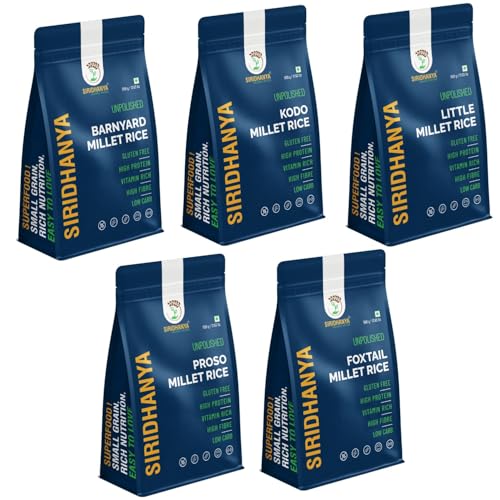 Image of Siridhanya Unpolished millets whole grains Combo Pack (5 x 500g) - Foxtail, Kodo, Little, Barnyard, Proso | Low GI, Gluten-Free, High Fibre & Plant based Protein | Natural Healthy Grain for healthy life wt. 2.5kg
