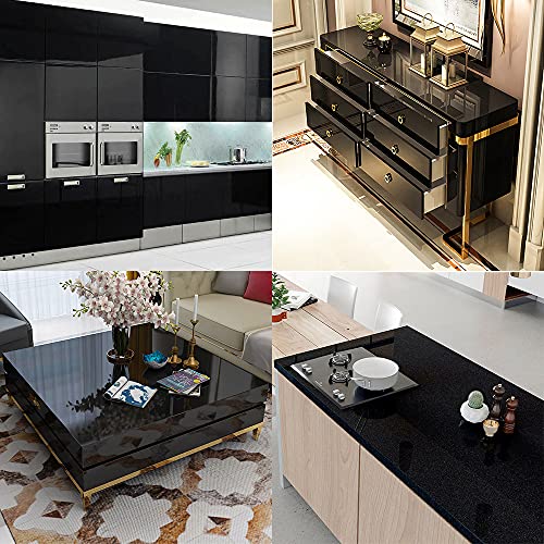 Shiny Black Wallpaper Peel And Stick Wallpaper Glossy Self Adhesive Removable Wallpaper,15.8" X 118"Waterproof Countertop Paper Black Contact Paper For Cabinet Countertop Furniture Kitchen Vinyl Film #TOP3